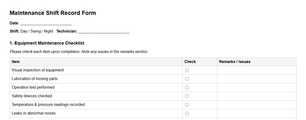 maintenance shift record form sample with checklist image preview