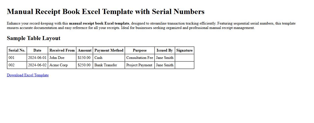 Manual receipt book excel template with serial numbers image preview