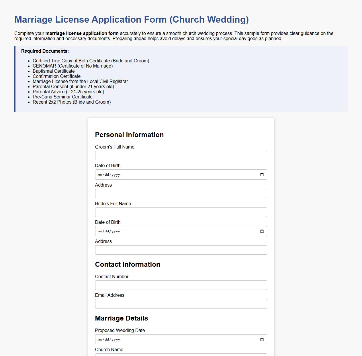Marriage license application form sample for church wedding image preview