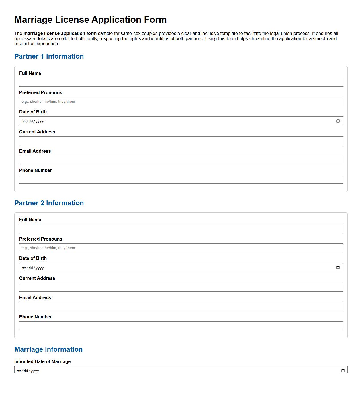 Marriage license application form sample for same-sex couples image preview