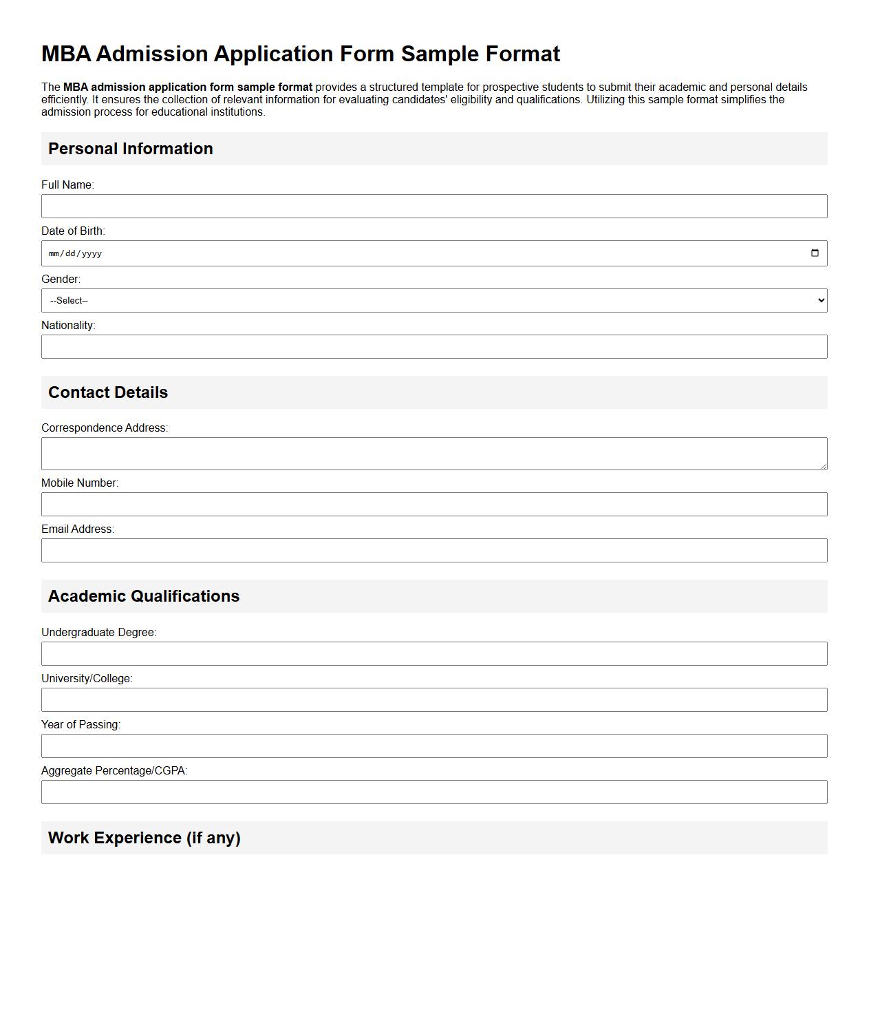 MBA admission application form sample format image preview