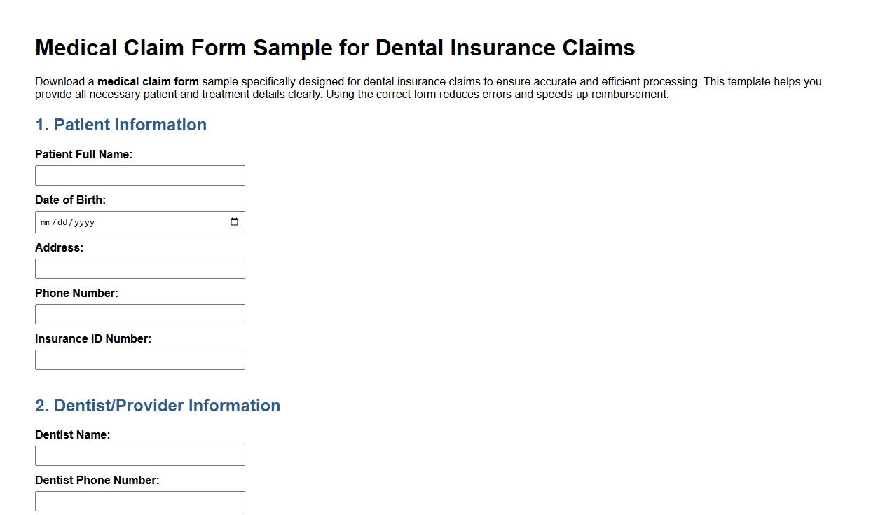 Medical claim form sample for dental insurance claims image preview