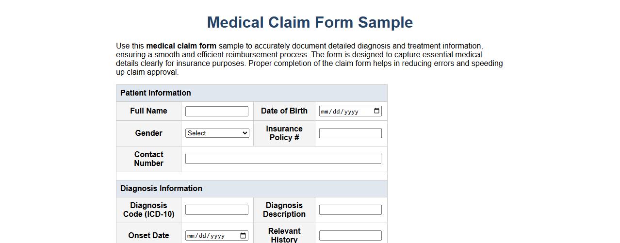 Medical claim form sample with detailed diagnosis and treatment image preview