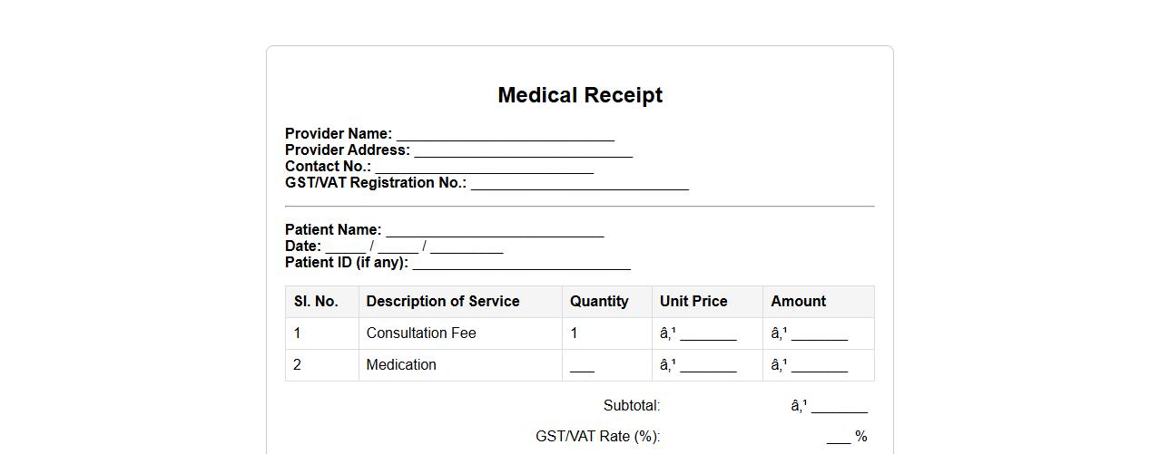 Medical receipt form sample with GST/VAT details image preview