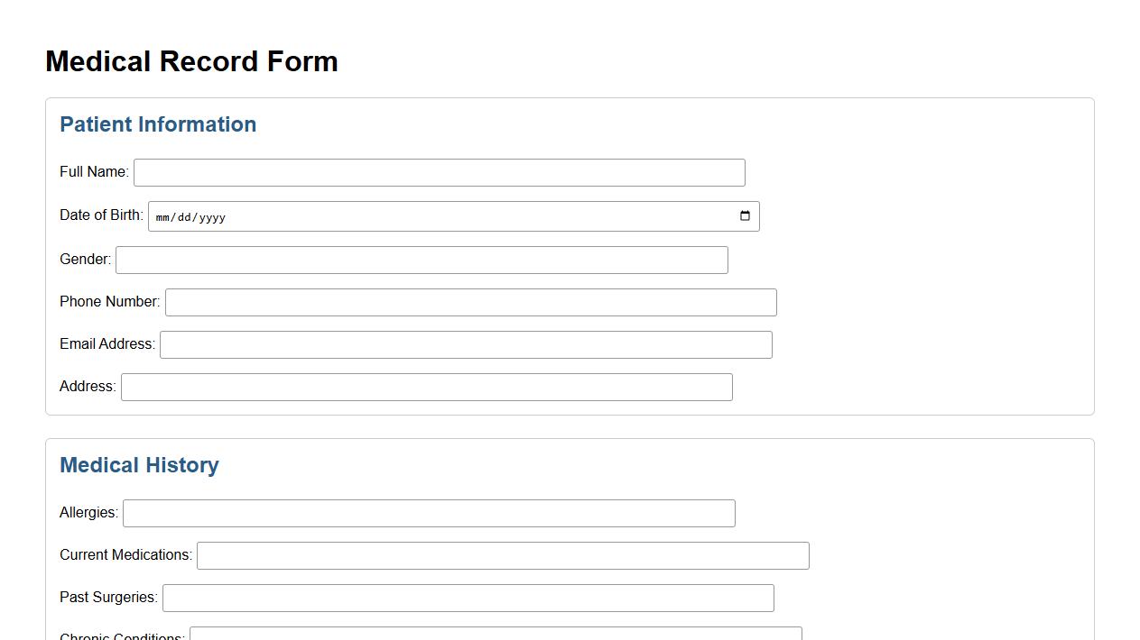 Medical record form sample with insurance information section image preview