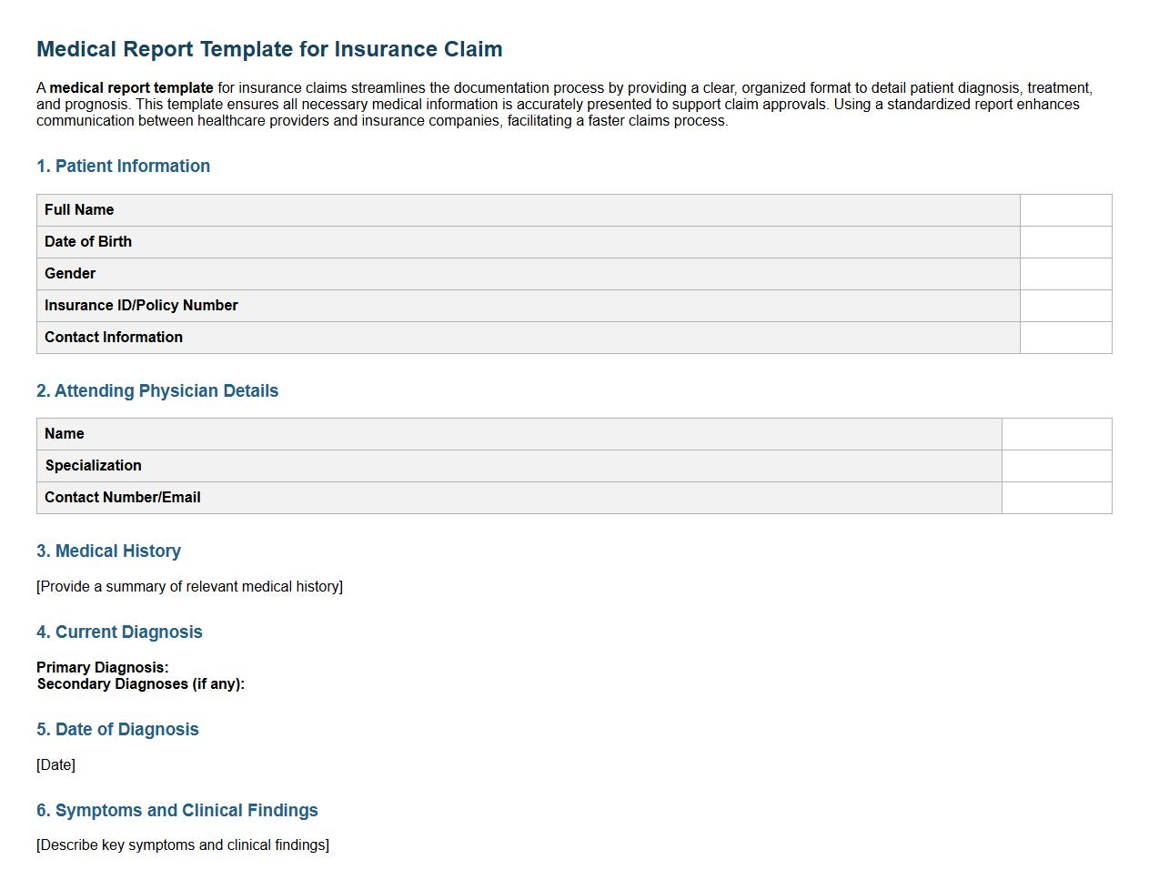 Medical report template for insurance claim image preview