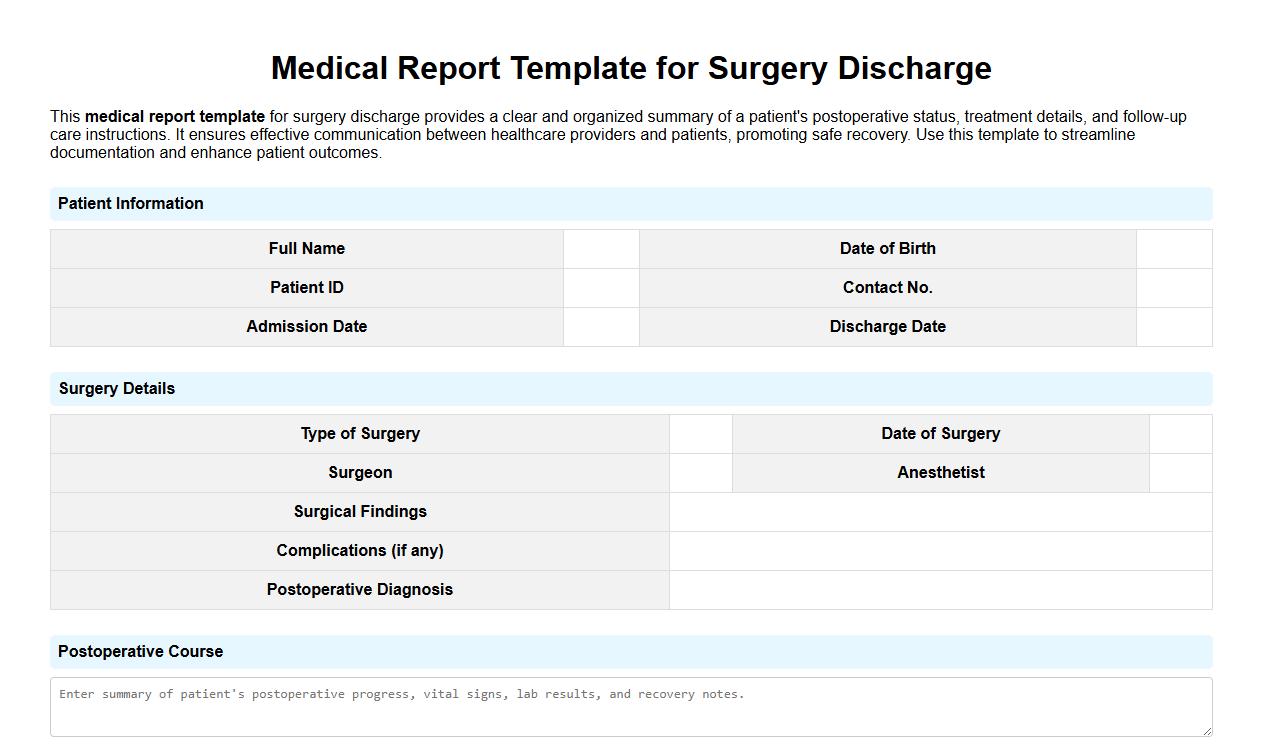 Medical report template for surgery discharge image preview