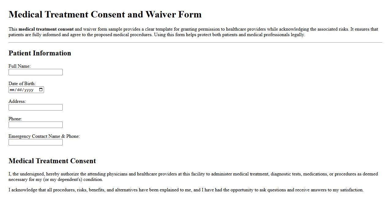 Medical treatment consent and waiver form sample image preview