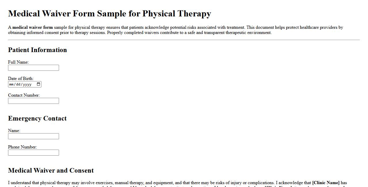 Medical waiver form sample for physical therapy image preview
