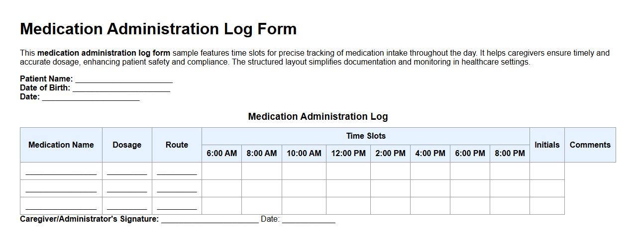medication administration log form sample with time slots image preview