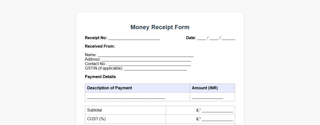 Money receipt form sample with GST details image preview