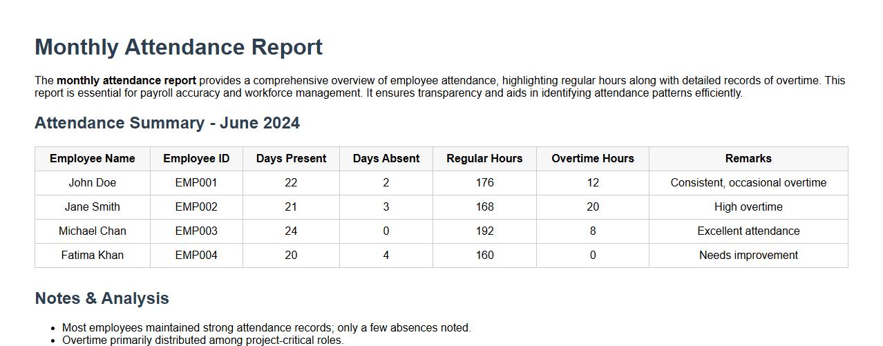 Monthly attendance report including overtime image preview