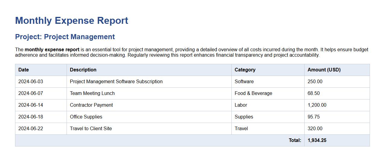 monthly expense report for project management image preview