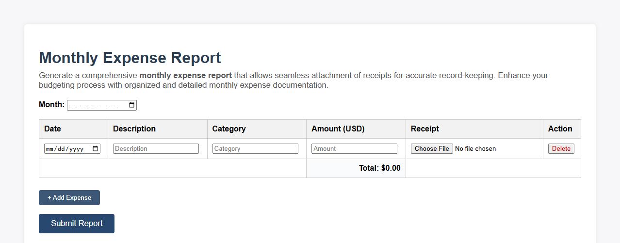 monthly expense report with receipts attachment option image preview