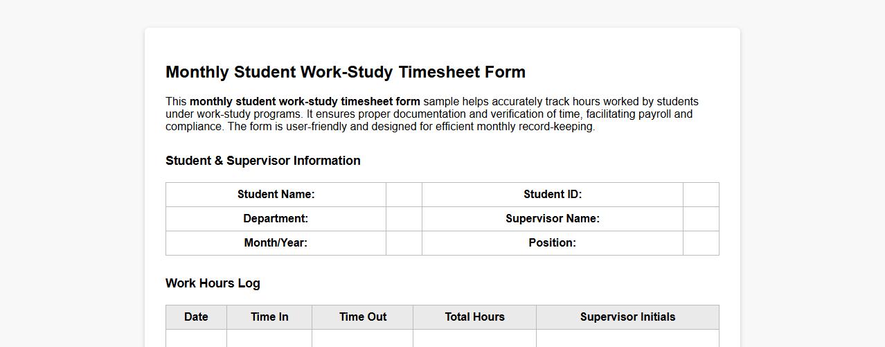 monthly student work-study timesheet form sample image preview