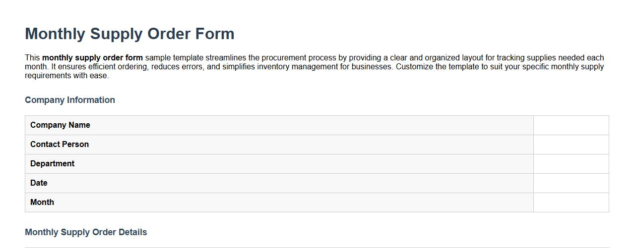 Monthly supply order form sample template image preview