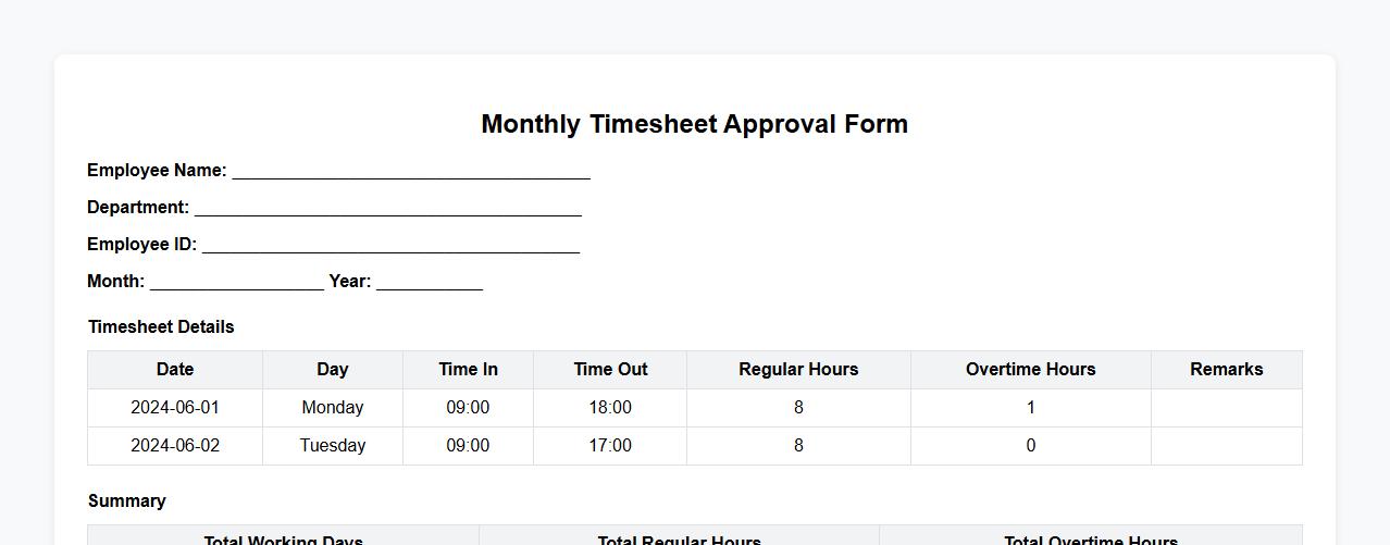monthly timesheet approval form sample with overtime section image preview