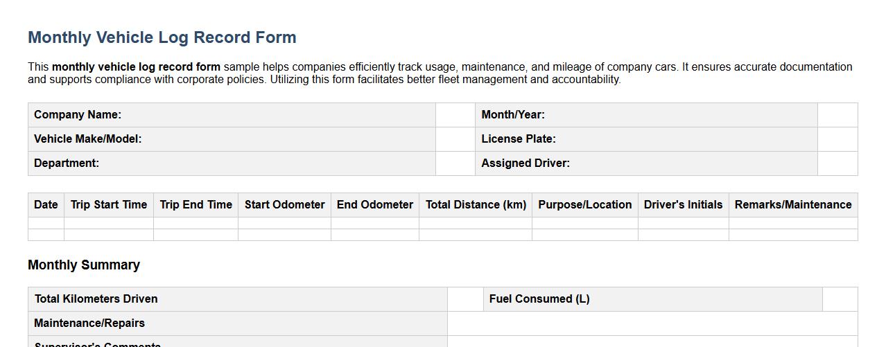 monthly vehicle log record form sample for company cars image preview