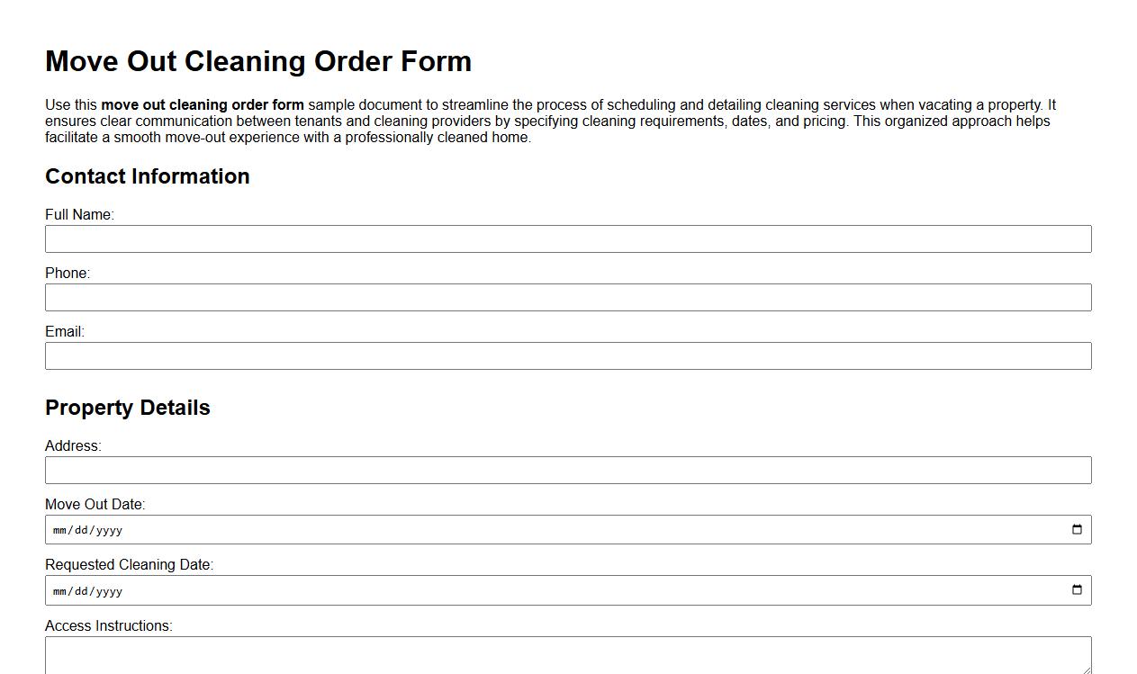 move out cleaning order form sample document image preview