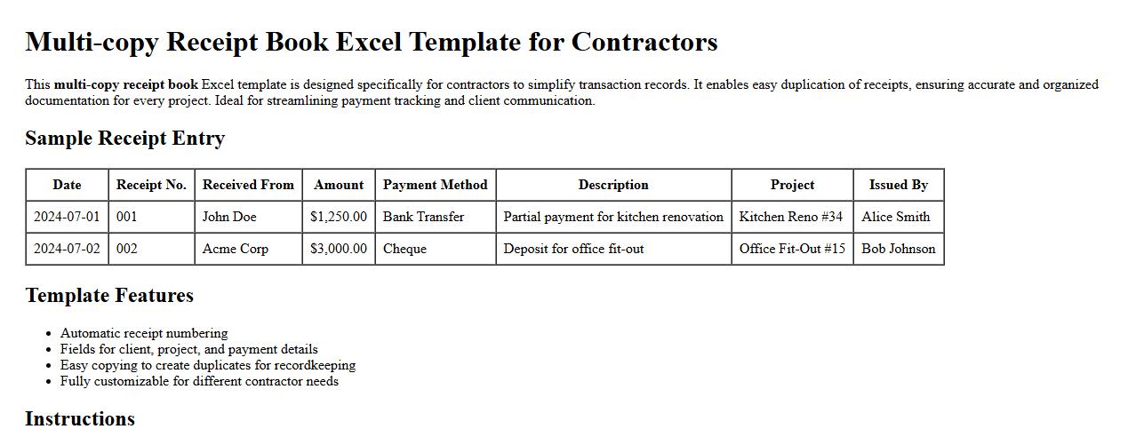 Multi-copy receipt book excel template for contractors image preview
