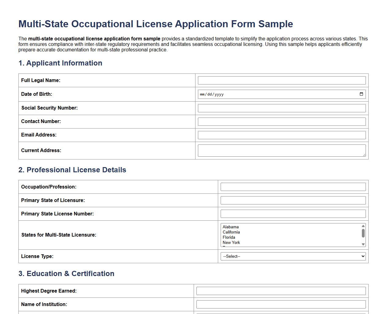 multi-state occupational license application form sample image preview