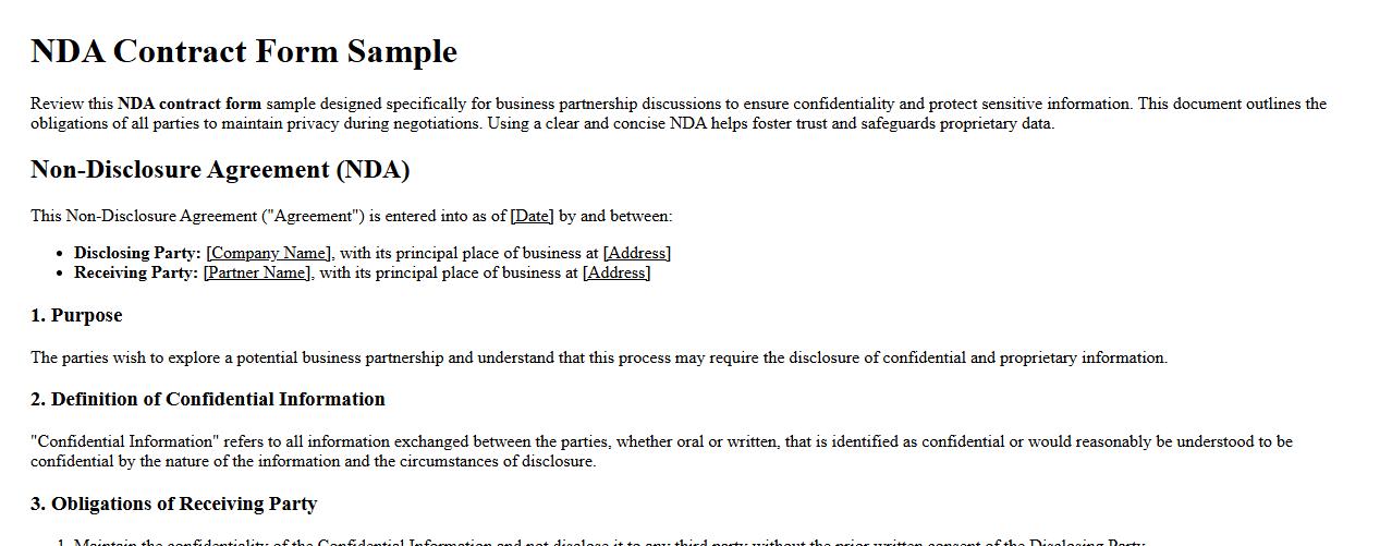 NDA contract form sample for business partnership discussions image preview