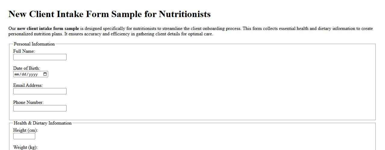 New client intake form sample for nutritionists image preview