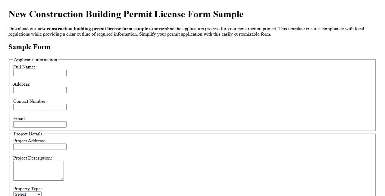New construction building permit license form sample image preview