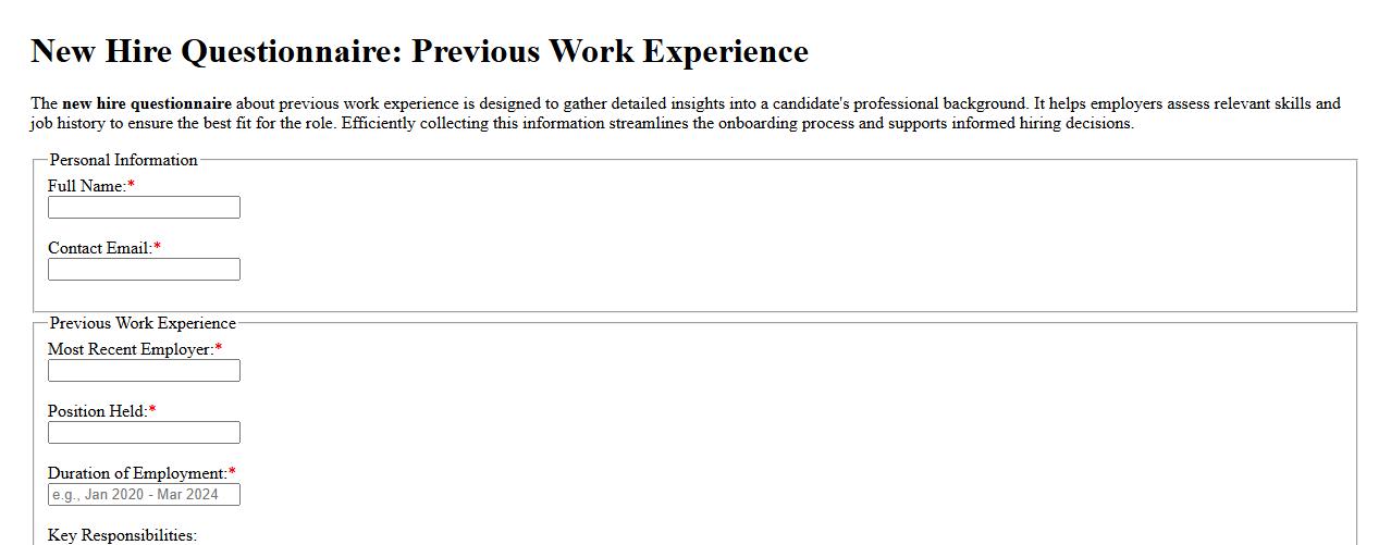 New hire questionnaire about previous work experience image preview