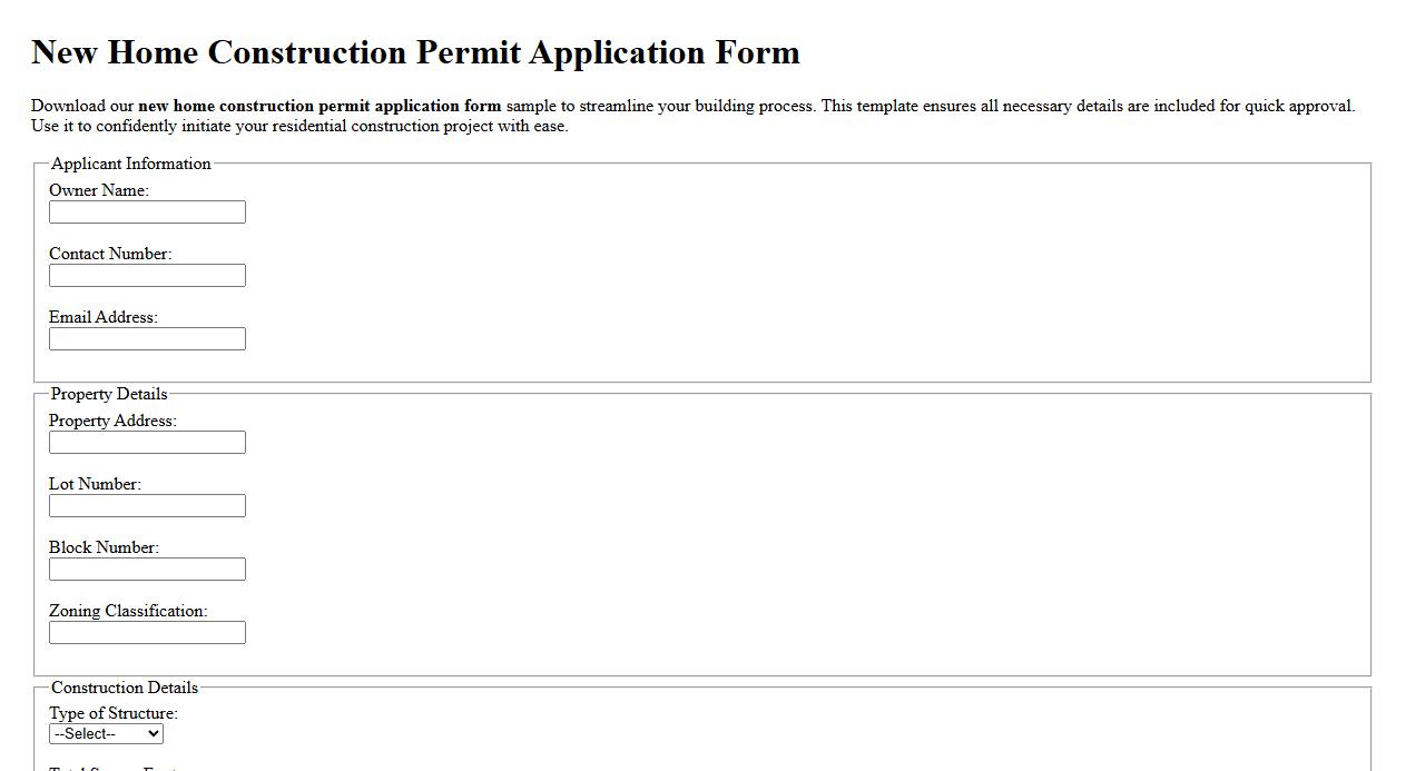 New home construction permit application form sample image preview