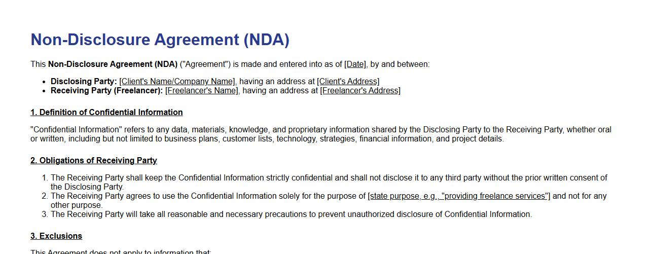 non-disclosure agreement (NDA) contract form sample for freelancers image preview