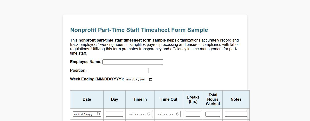 Nonprofit part-time staff timesheet form sample image preview