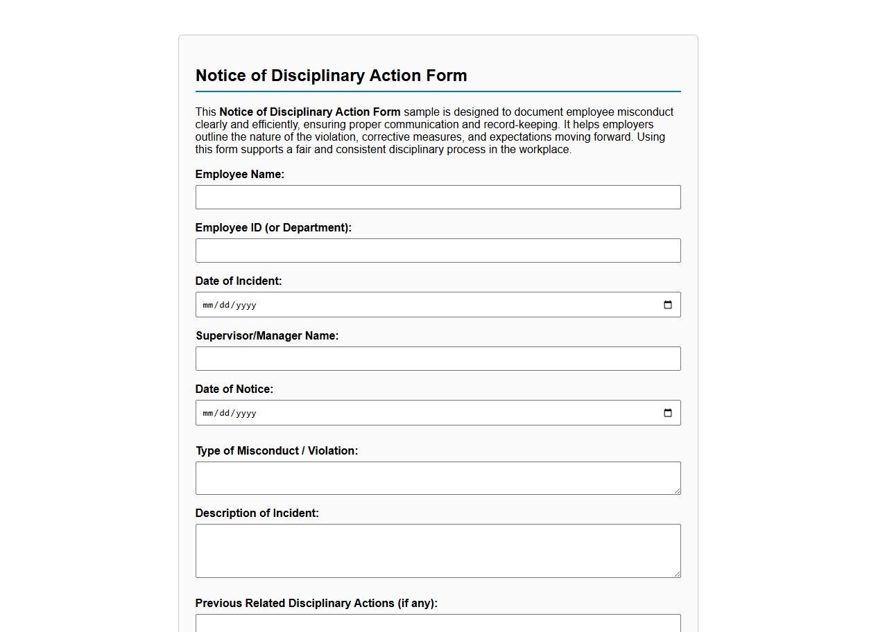 Notice of Disciplinary Action Form sample for employee misconduct image preview