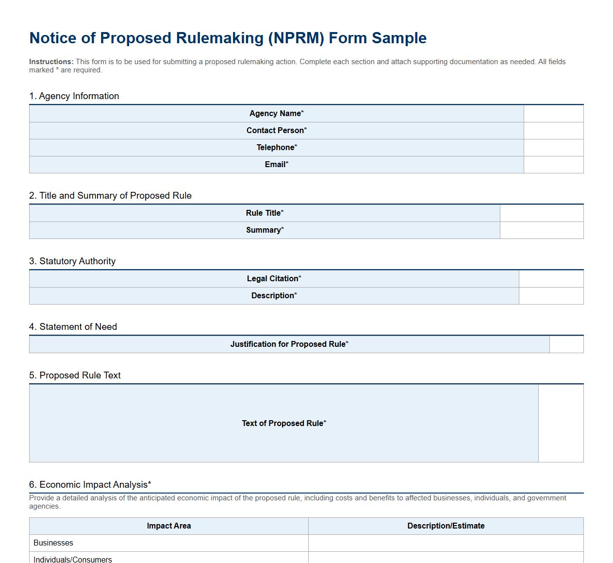 Notice of Proposed Rulemaking form sample including economic impact analysis image preview