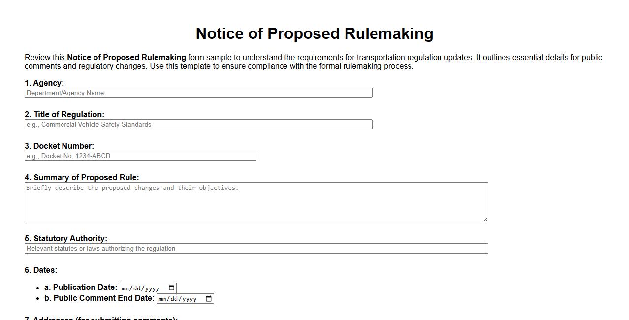 Notice of Proposed Rulemaking form sample for transportation regulation image preview