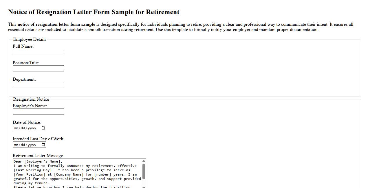 notice of resignation letter form sample for retirement purposes image preview
