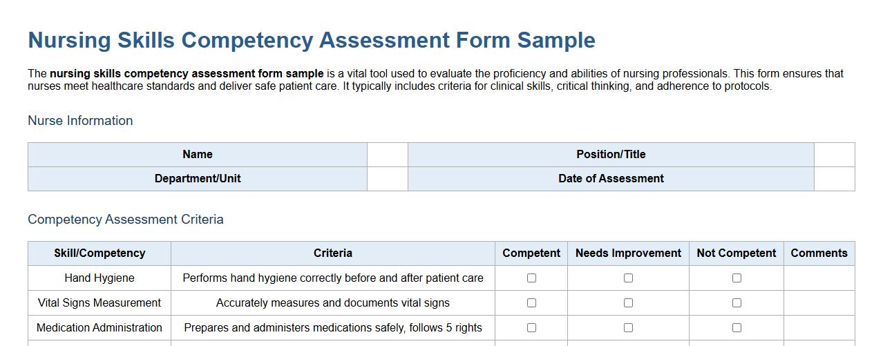 nursing skills competency assessment form sample image preview