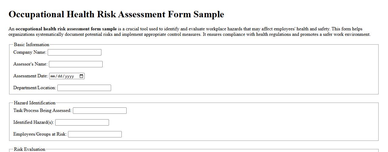 Occupational health risk assessment form sample image preview