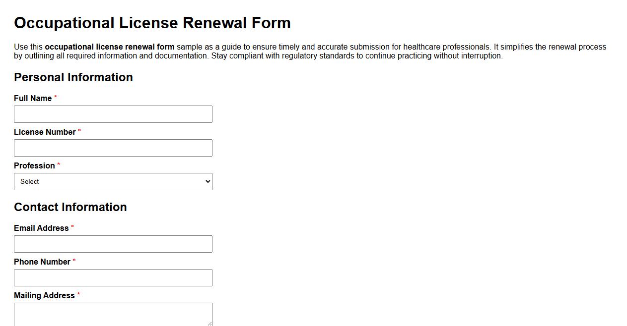 Occupational license renewal form sample for healthcare professionals image preview