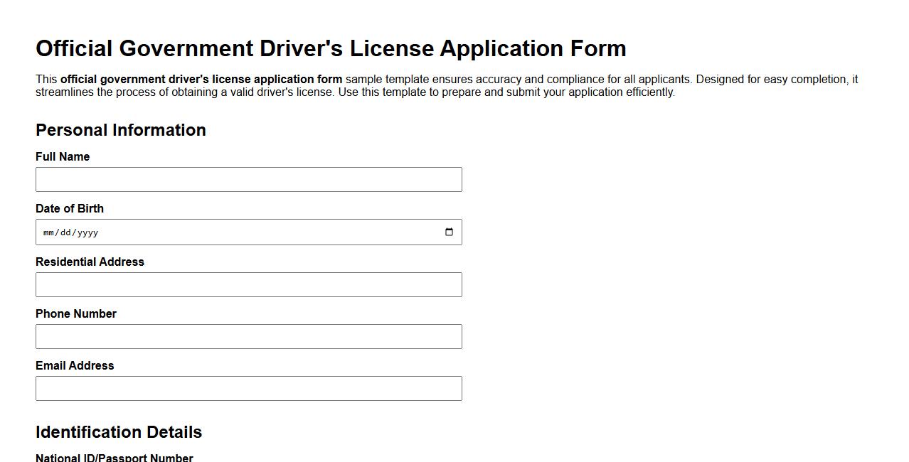 Official government driver’s license application form sample template image preview