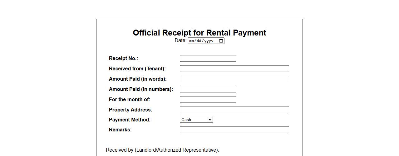 official receipt form sample for rental payment image preview