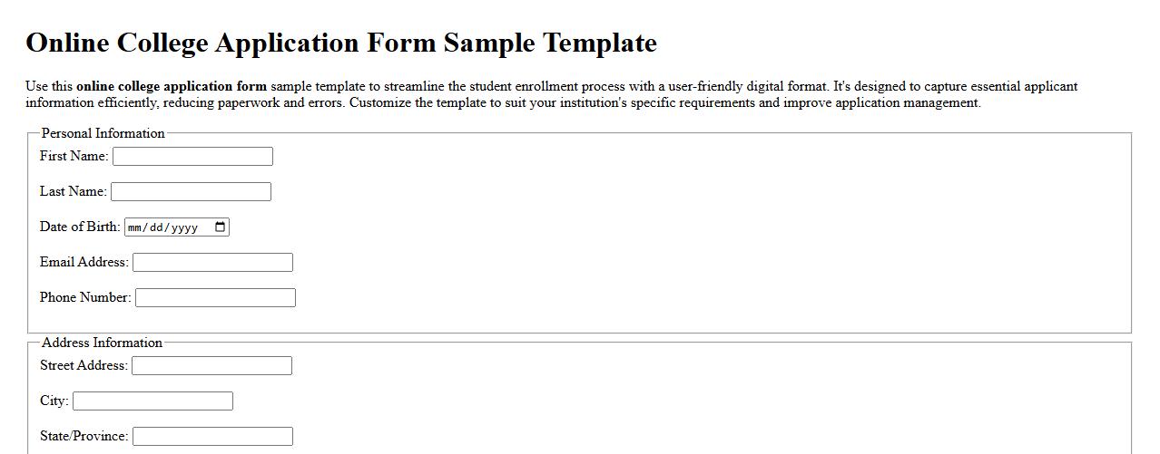Online college application form sample template image preview