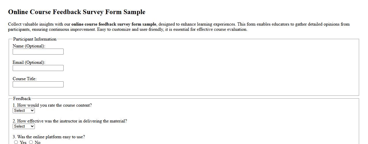Online course feedback survey form sample image preview