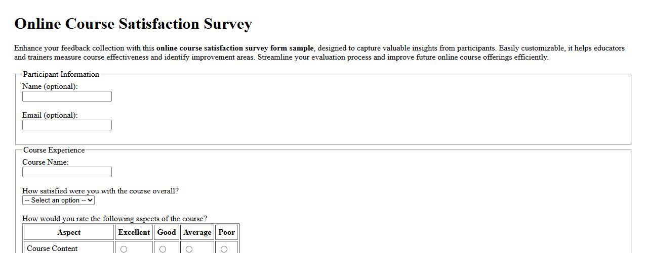 online course satisfaction survey form sample image preview