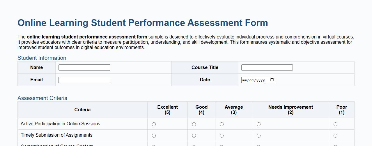Online learning student performance assessment form sample image preview