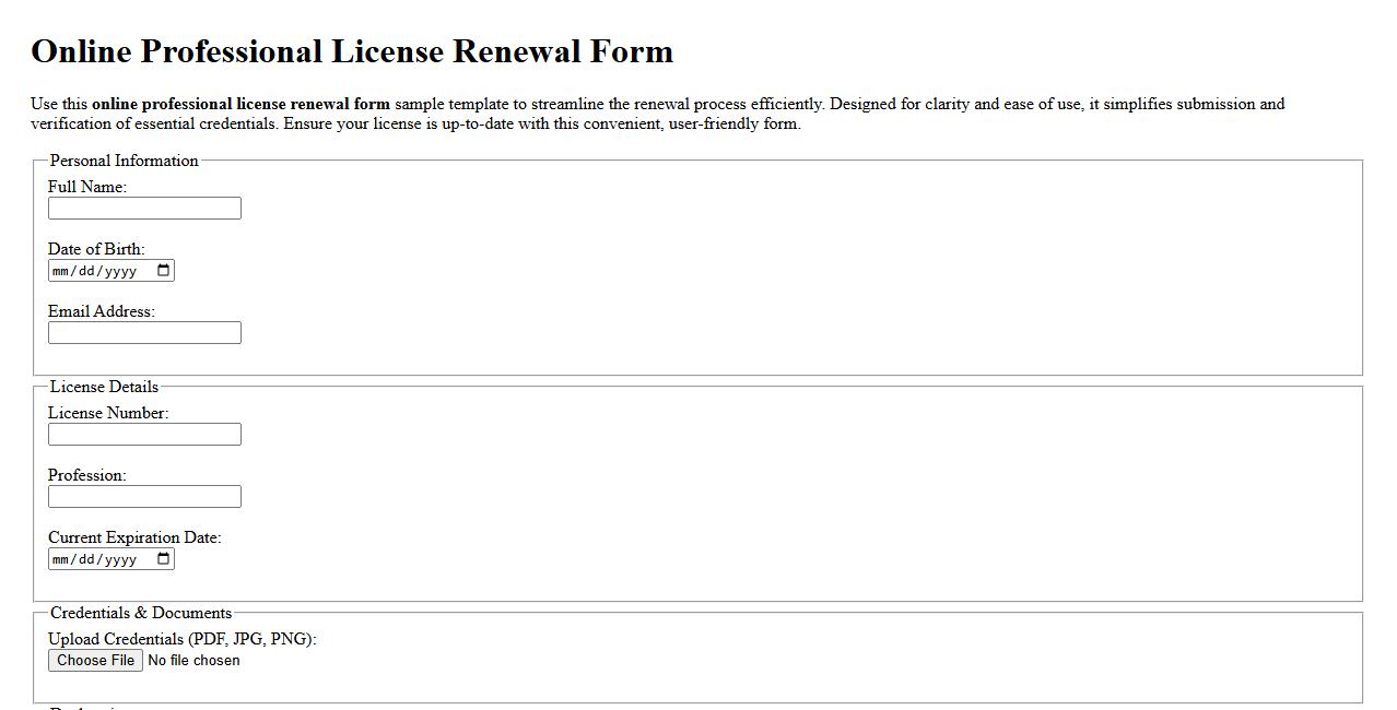Online professional license renewal form sample template image preview