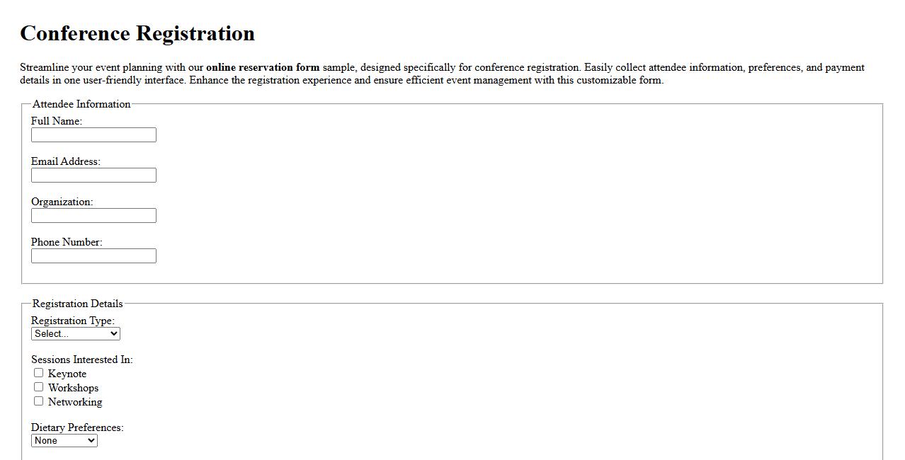Online reservation form sample for conference registration image preview