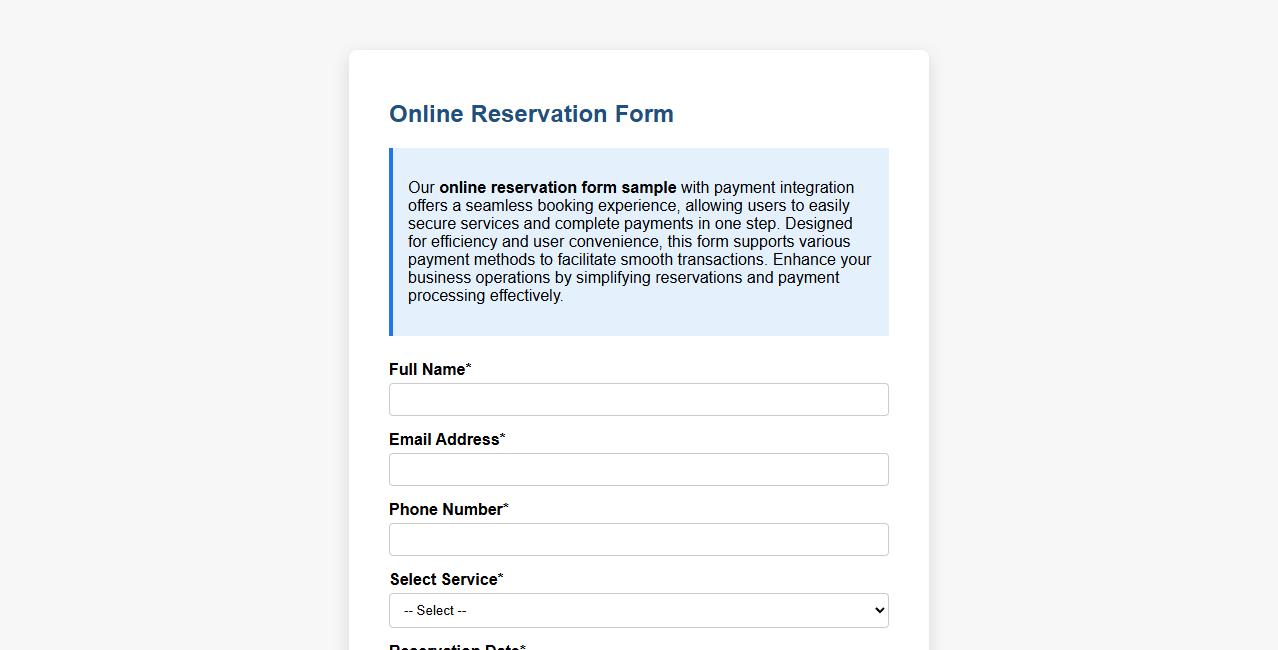 Online reservation form sample with payment integration image preview