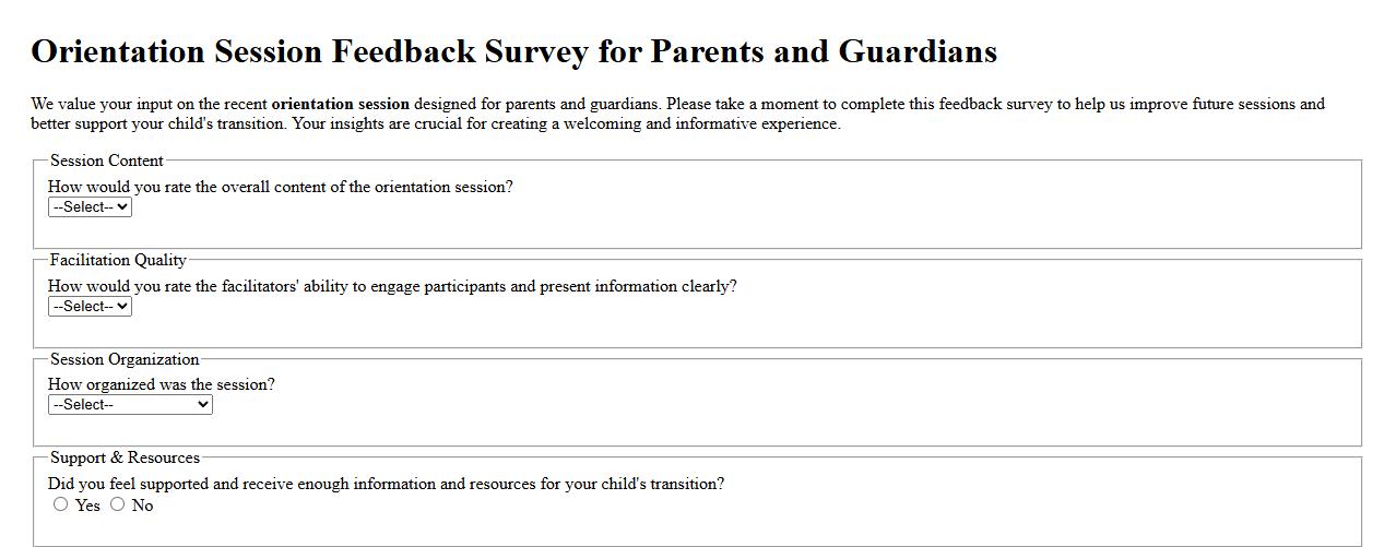 Orientation session feedback survey for parents and guardians image preview