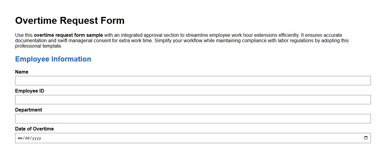 Overtime request form sample with approval section image preview
